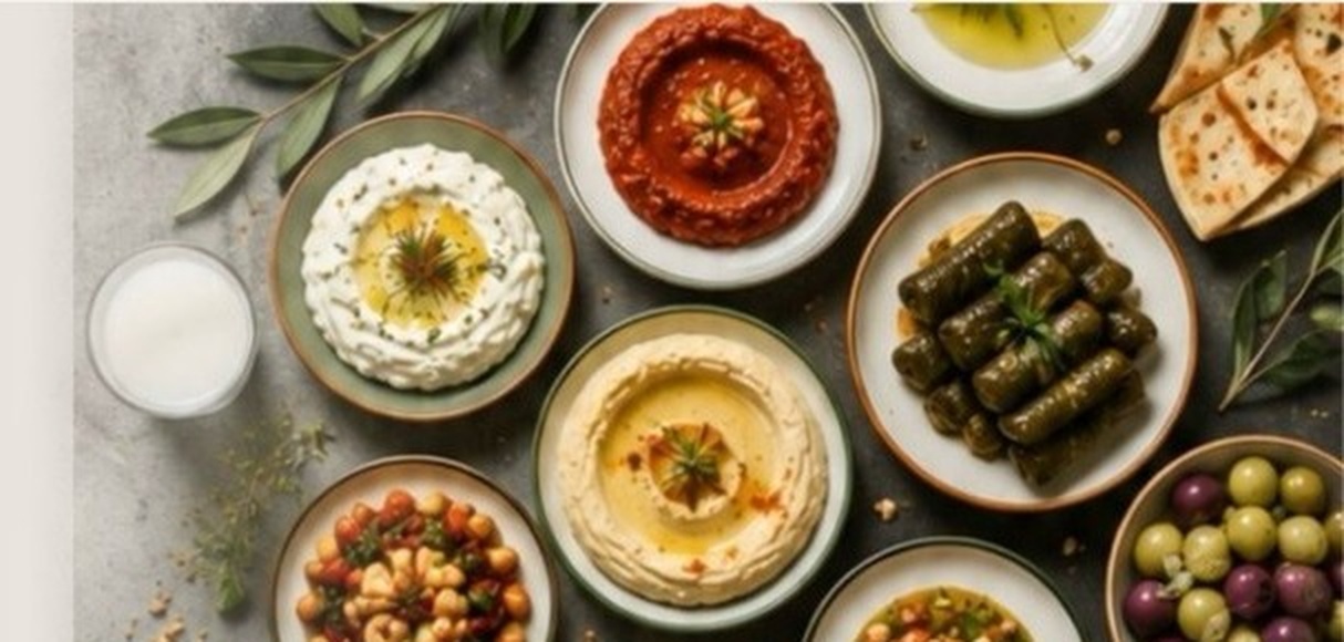 Meze tabağı — humus, sarma, zeytin ve ezmeler